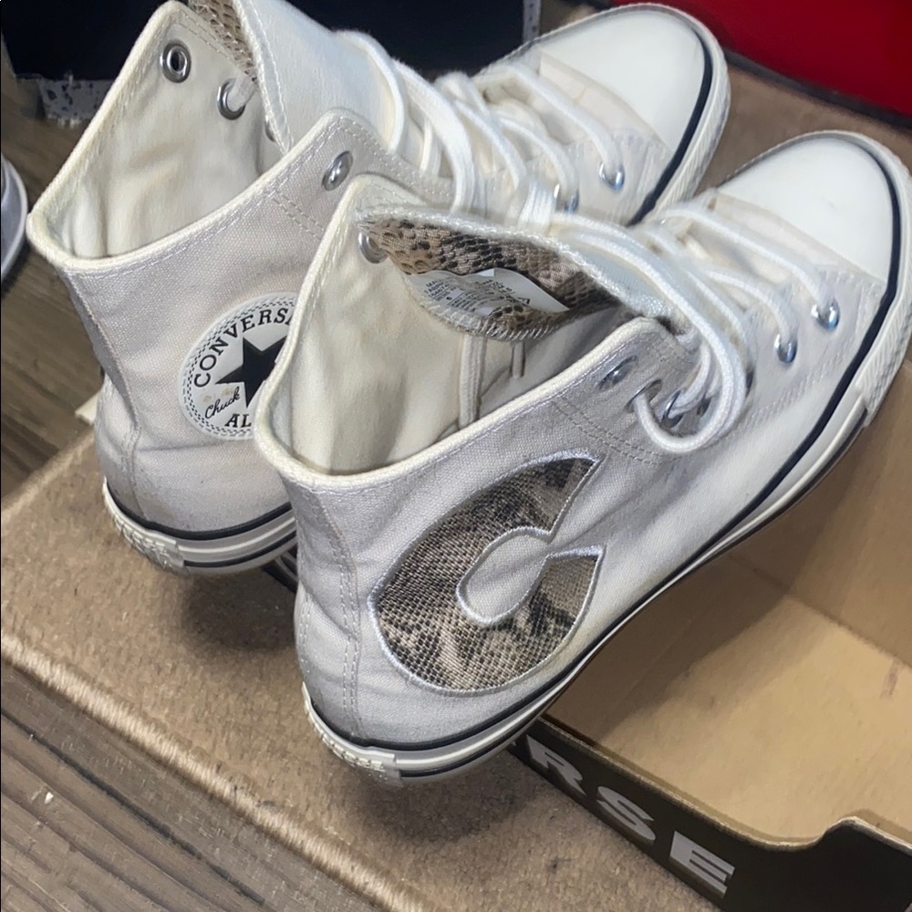 Converse White High-Tops with Snakeskin Detail